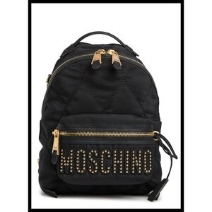 MOSCHINO Quilted Stitch Logo Backpack Gold Studded Hardware Key Ring Nylon Black